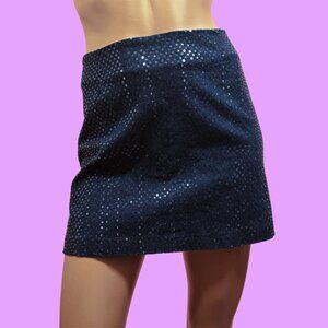 Vintage 90s Dark Denim Mini Skirt Shimmery Sparkly  Sequined Size M Mid Rise